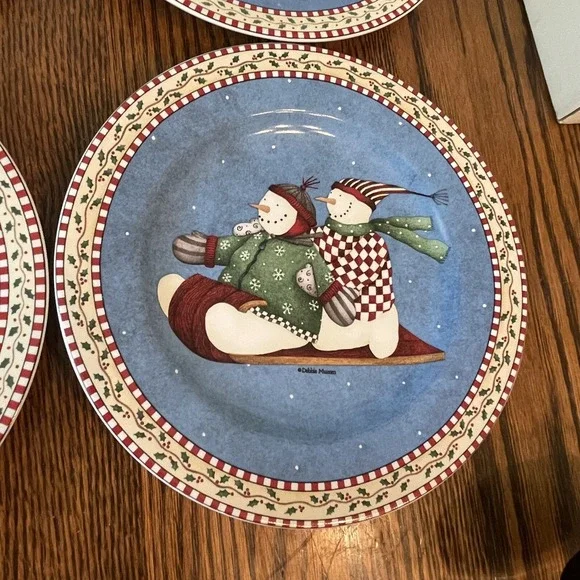 Sakura Snowman Debbie Mumm Set- 4 Christmas 8 1/4" Lunch Salad Plates Stoneware - Picture 7 of 11